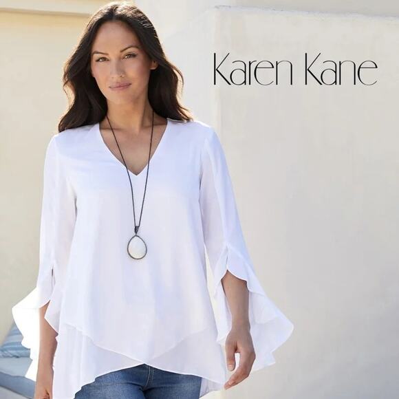 Karen Kane Tunic Top Size L Ivory Off White Bell Sleeve Made in USA Career Flowy - Picture 3 of 8